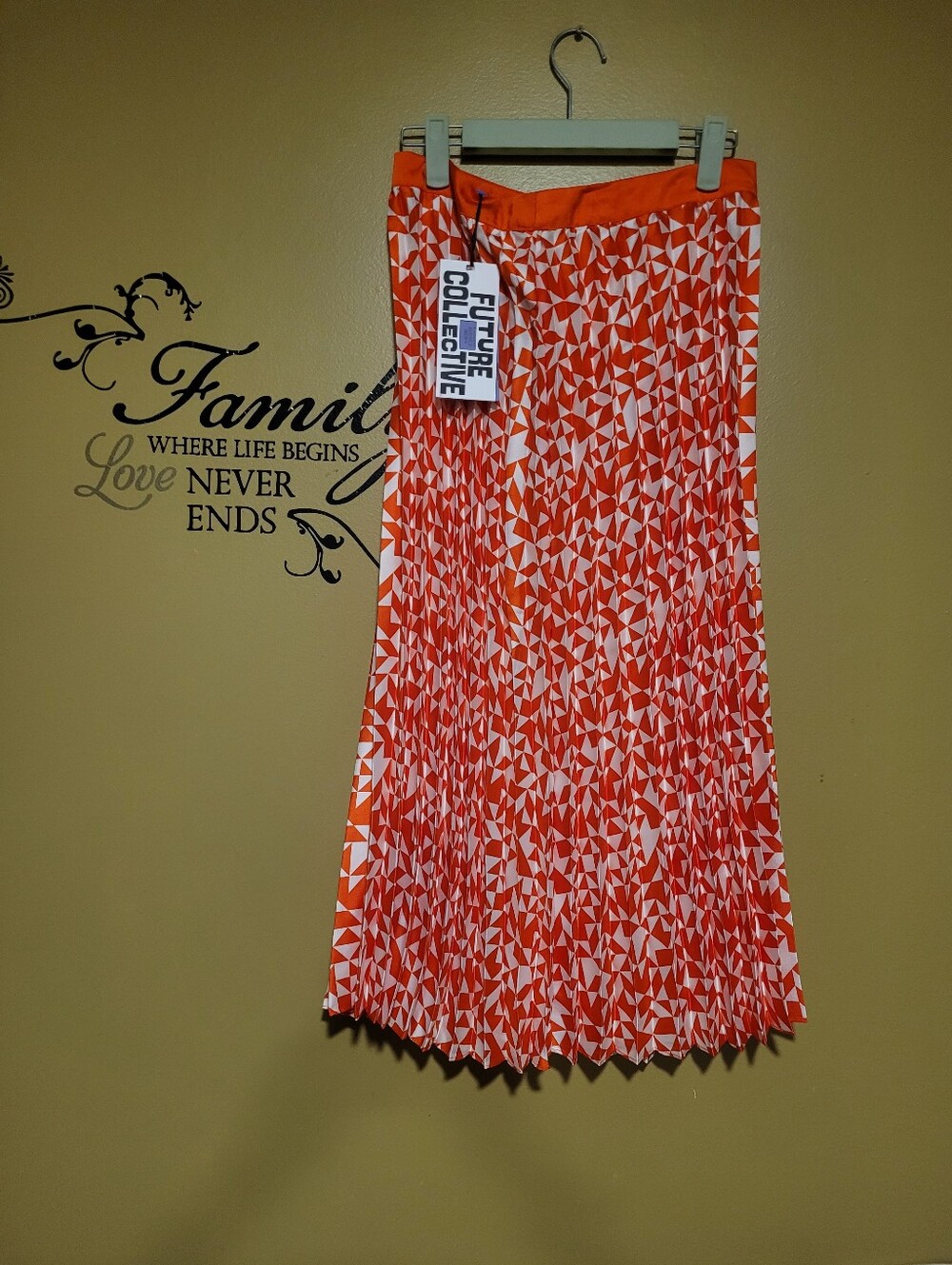 Future Collective Orange Geometric Pleated Midi Skirt